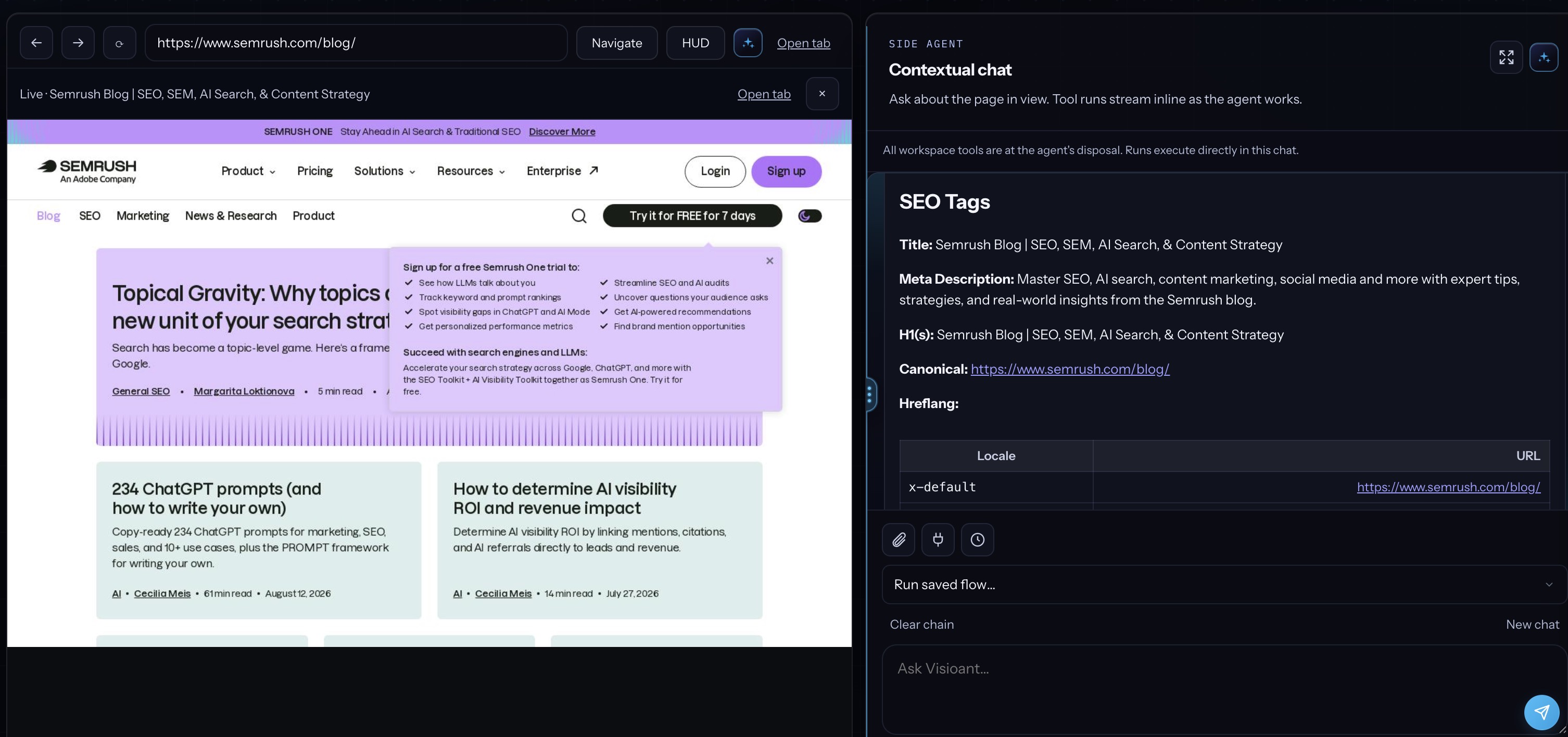 Browser mode split view with live Semrush blog page and contextual side agent