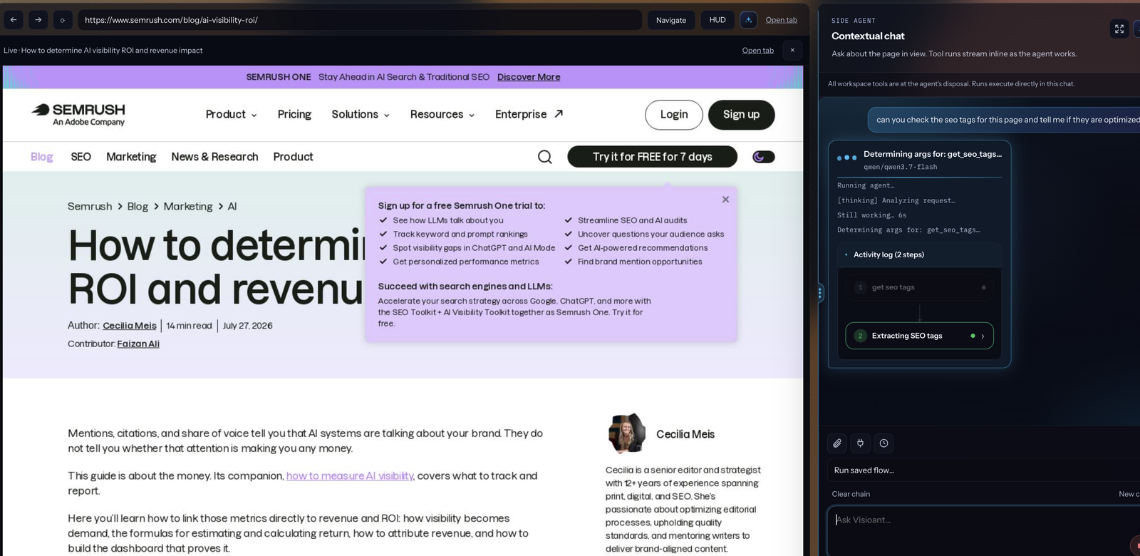 Browser mode with page in view and side agent running SEO tools