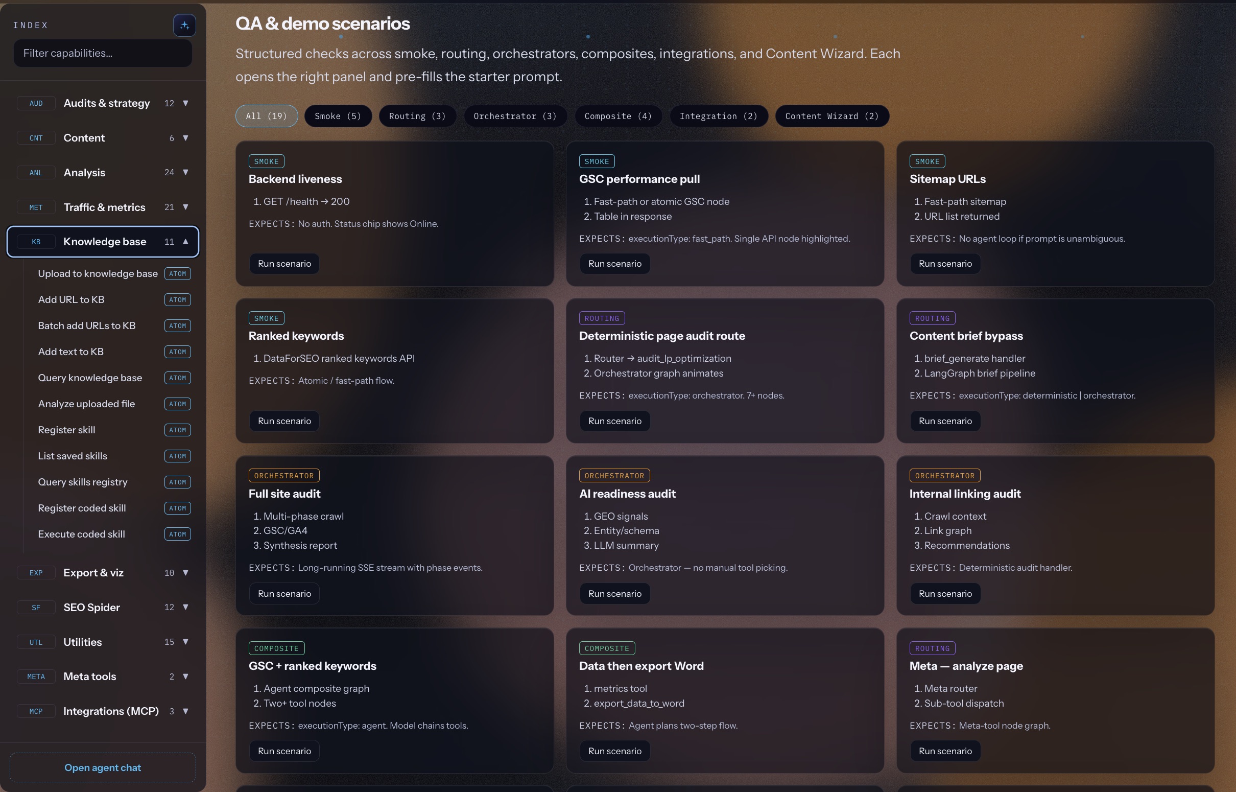 Capability kit QA and demo scenarios with smoke, routing, orchestrator, and composite cards