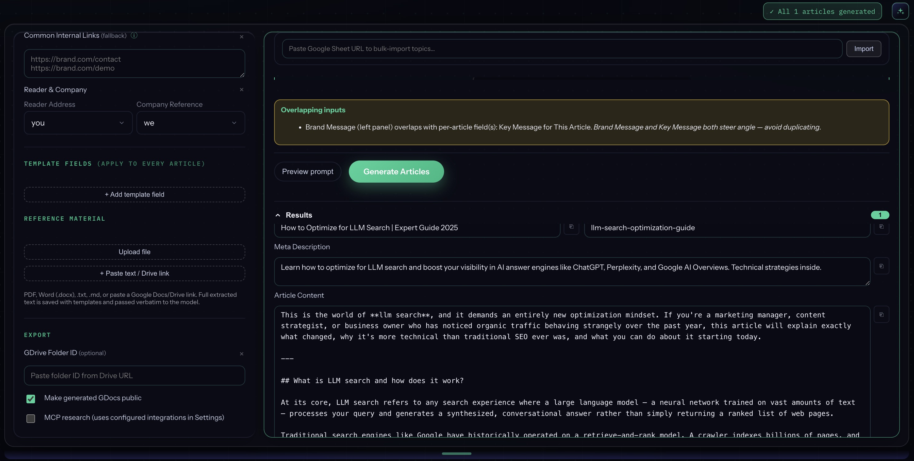 Content Wizard results with generated title, meta description, markdown article, and export options