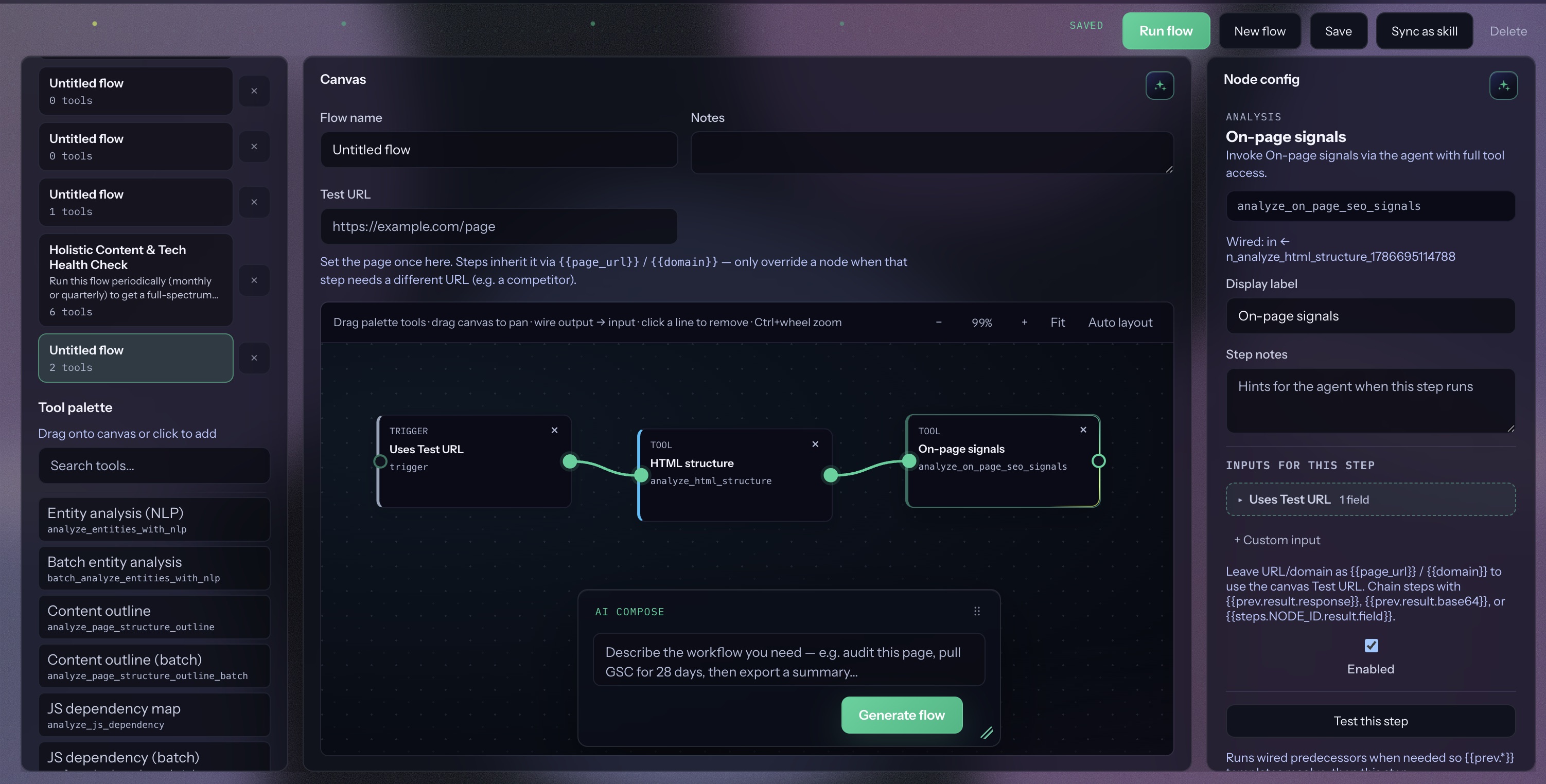 Flow builder with tool palette, wired trigger and analysis nodes, AI compose, and node config