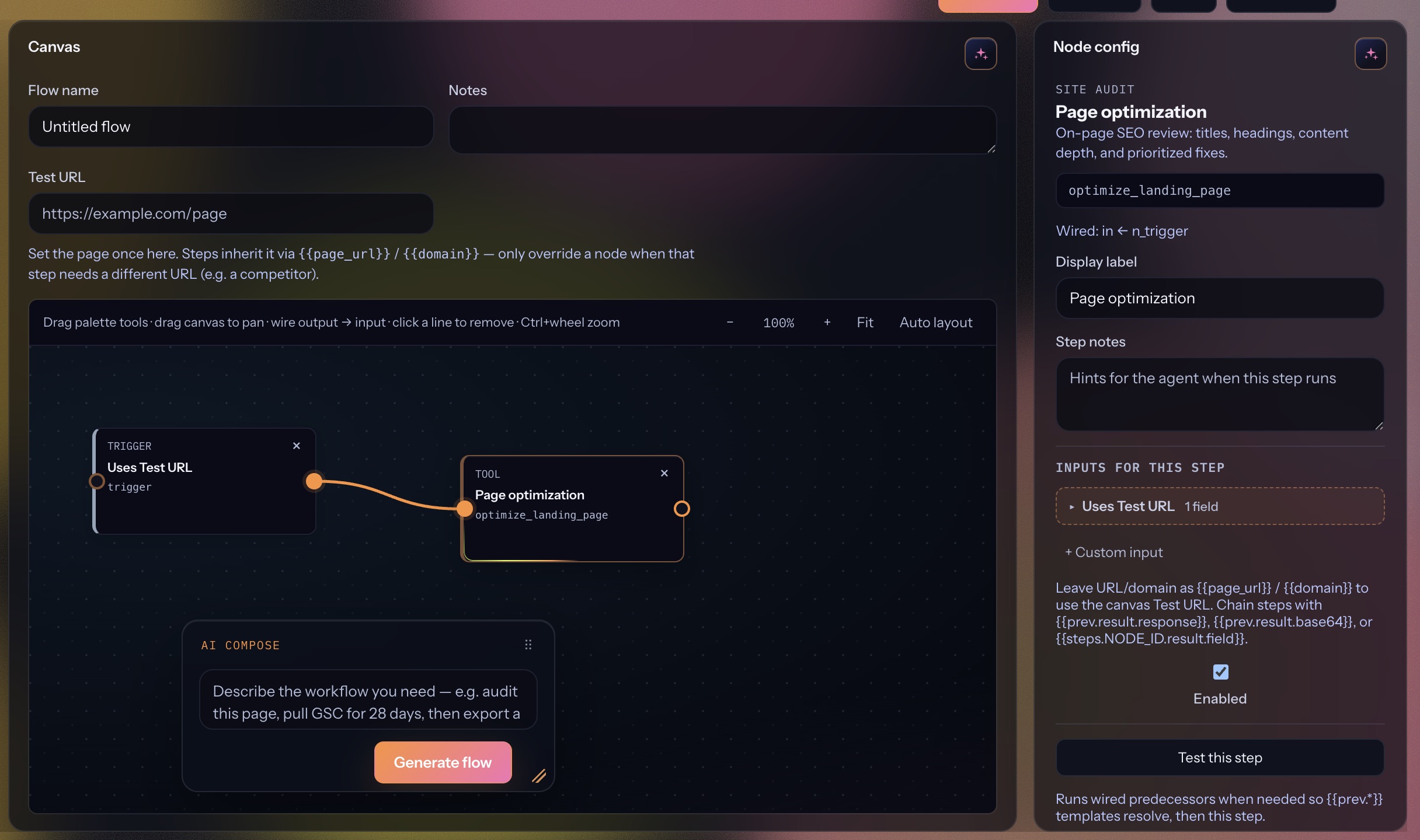 Flow builder node config for Page optimization with inputs, labels, and test this step