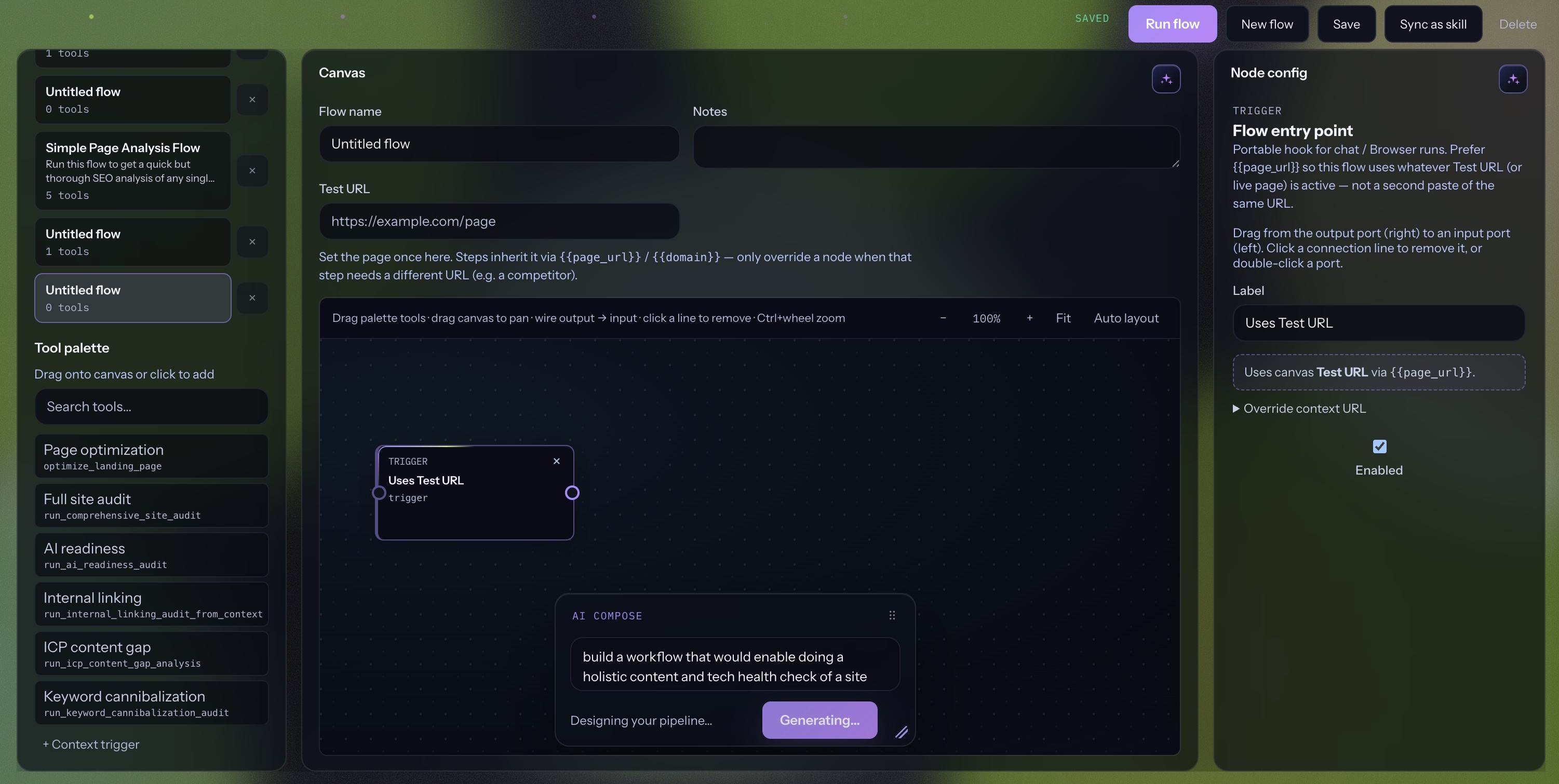 AI Compose generating a holistic content and tech health check flow from a natural language prompt