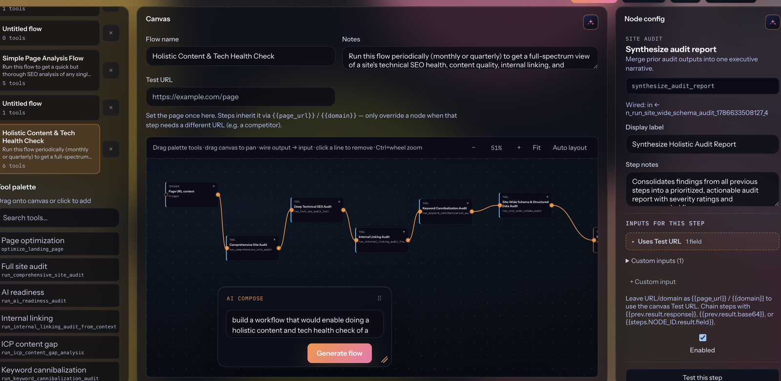 Flow builder with a multi-step SEO health check pipeline