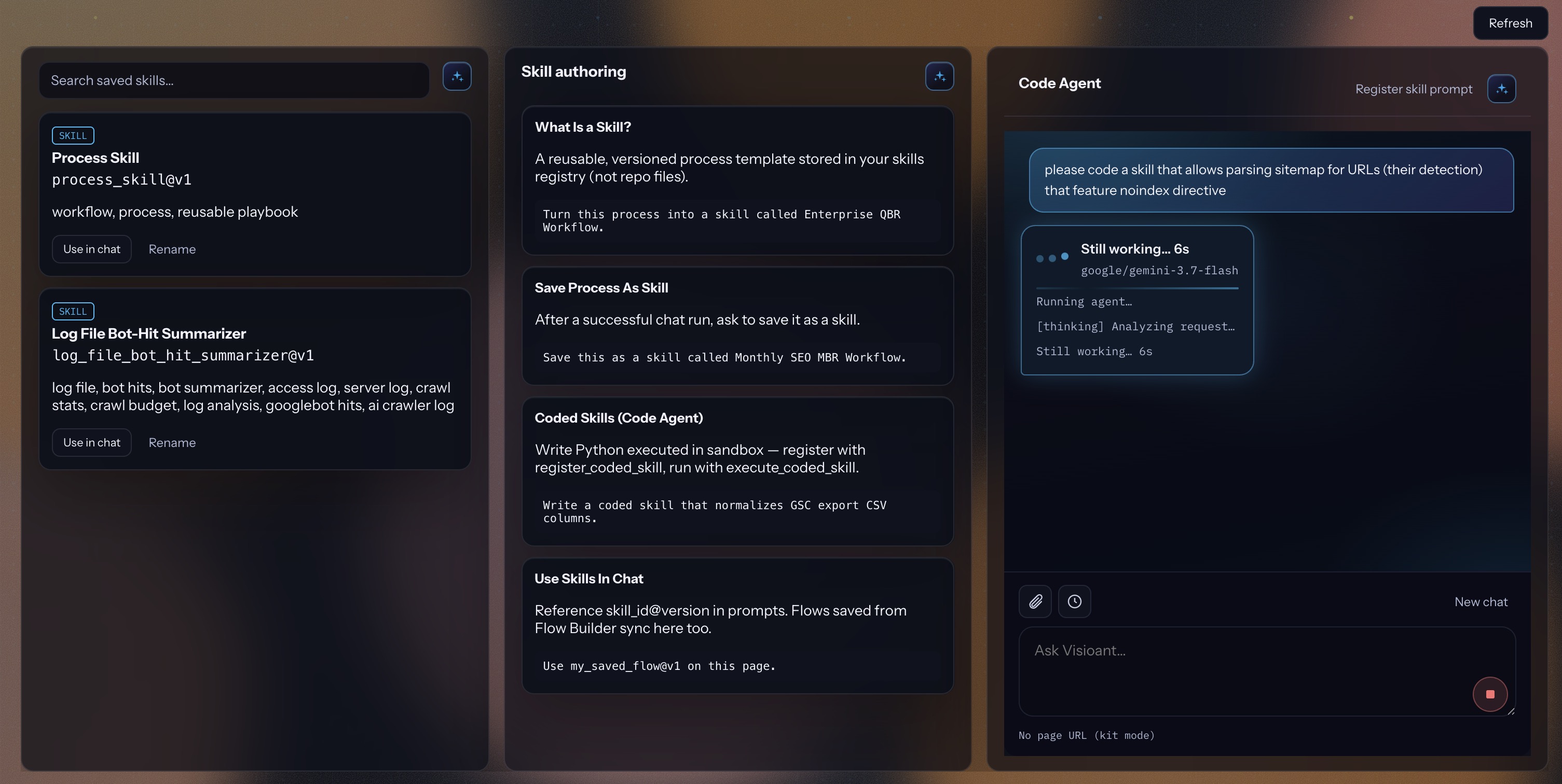 Skills registry with process_skill@v1 saved skill, authoring guide, and Code Agent building a sitemap noindex checker